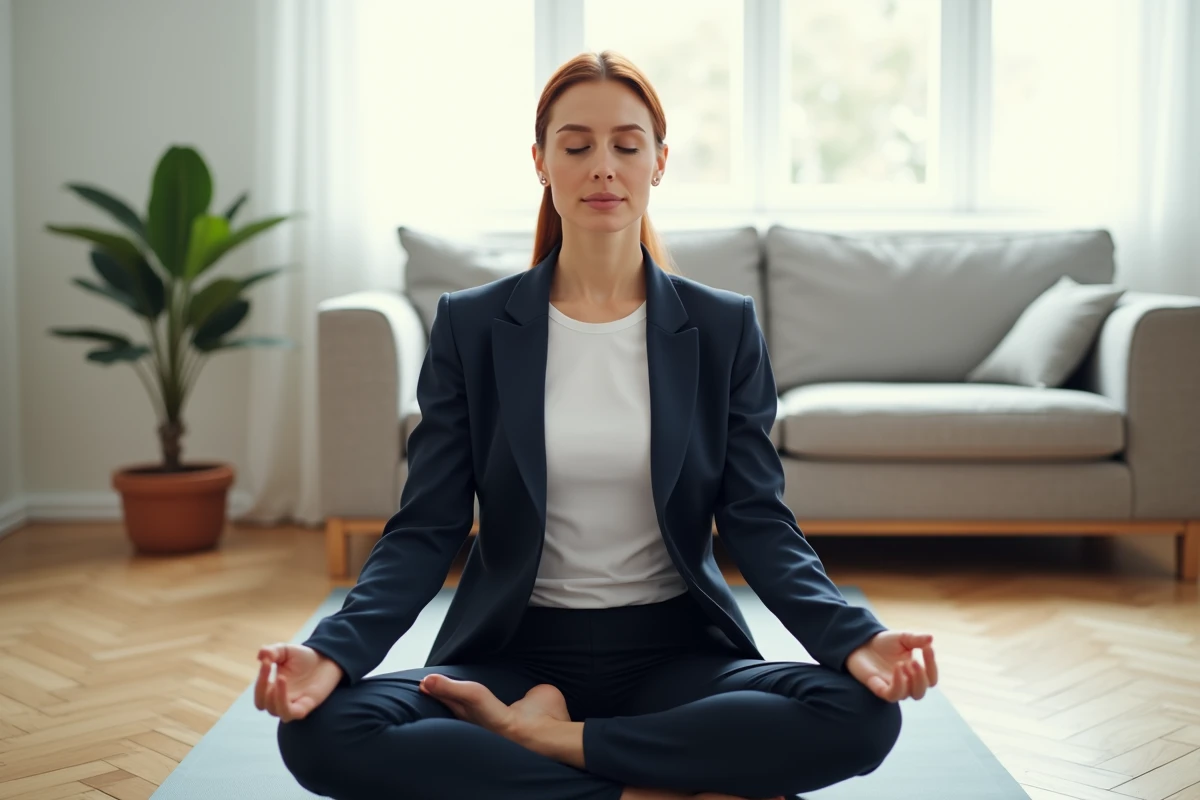 Femme méditant sur un tapis de yoga chez elle, apprentissage de la pleine conscience et des limites personnelles