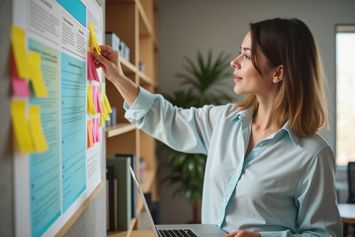 Femme arrangeant des notes adhésives sur un mur de bureau