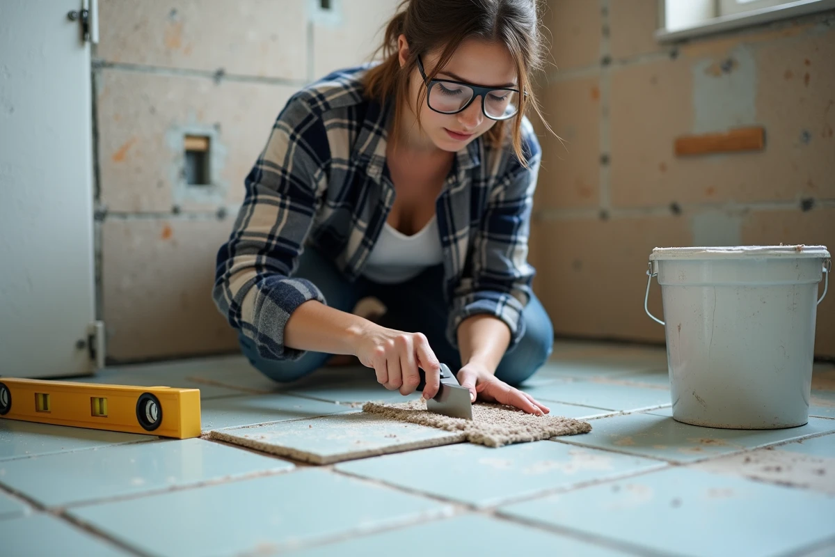 Femme posant du carrelage dans une salle de bain rénovée grâce à un stage bricolage pratique
