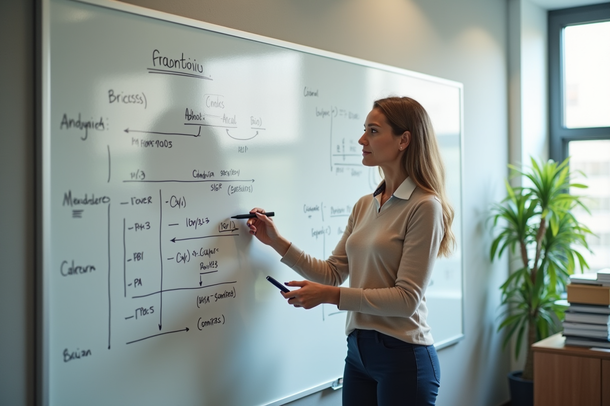 Femme en présentation avec tableau blanc en réunion