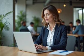 Professionnelle en blazer marine consultant les options de prix d'abonnement emailing sur un ordinateur portable dans un bureau moderne