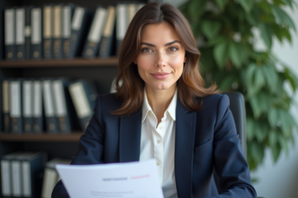 Femme en blazer tenant un CV dans un bureau moderne