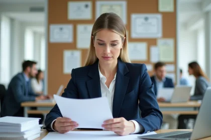 Femme professionnelle examinant des documents officiels liés à un titre professionnel et un diplôme dans un bureau moderne