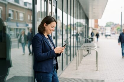 Femme souriante en blazer navy près d'un bâtiment moderne à Maubeuge