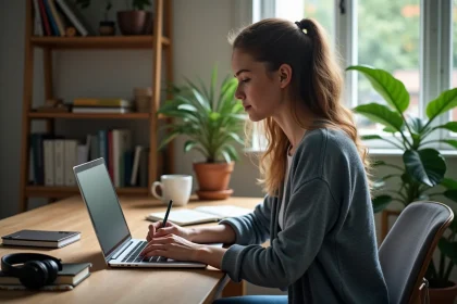 Jeune femme travaillant à son bureau à domicile