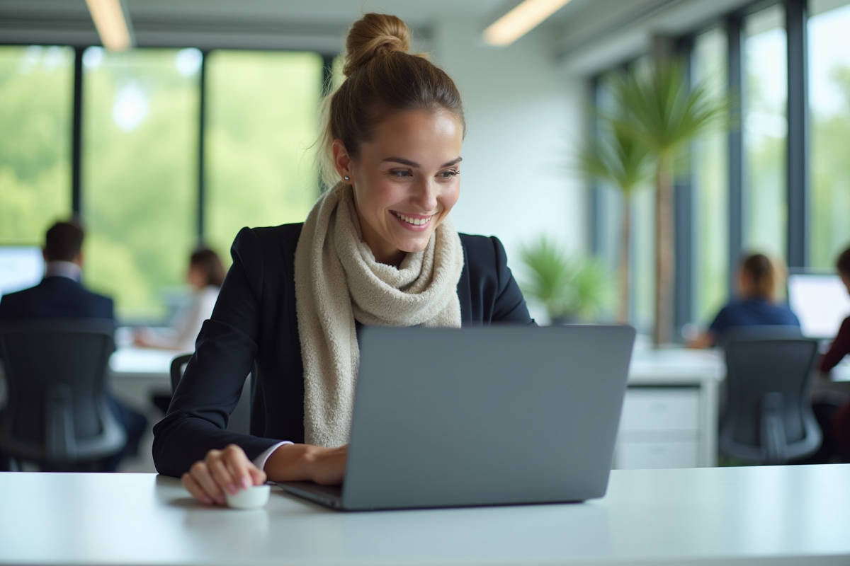 Jeune femme concentrée sur son ordinateur dans un espace de coworking