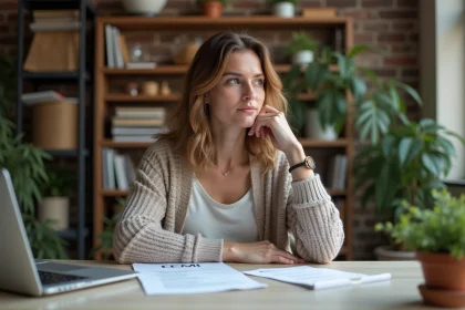 Femme réfléchie dans un bureau à domicile avec livres et ordinateur