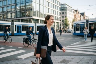 Jeune femme d'affaires dans la ville dynamique
