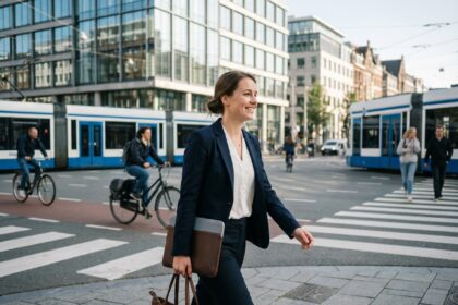 Jeune femme d'affaires dans la ville dynamique