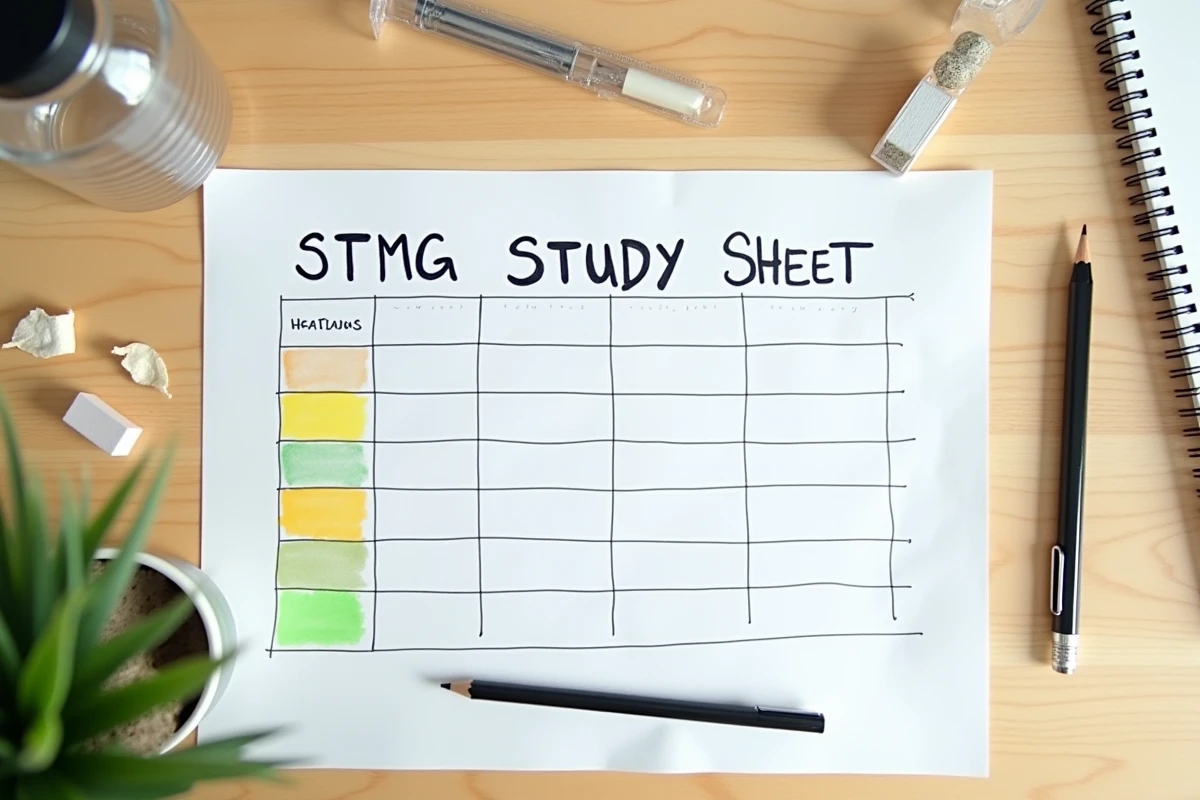 Vue aérienne d'une fiche mémo manuscrite de tableau de caractérisation STMG sur un bureau avec surligneurs et stylo pour le Bac 2026