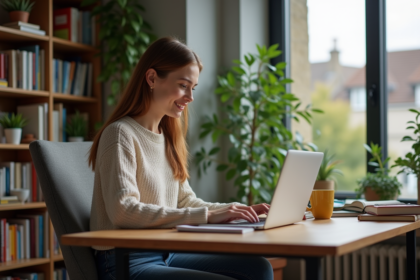 Jeune femme apprenant une langue à la maison sur son ordinateur