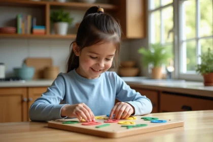 Fille souriante de 7 ans utilisant des tuiles Montessori à la maison