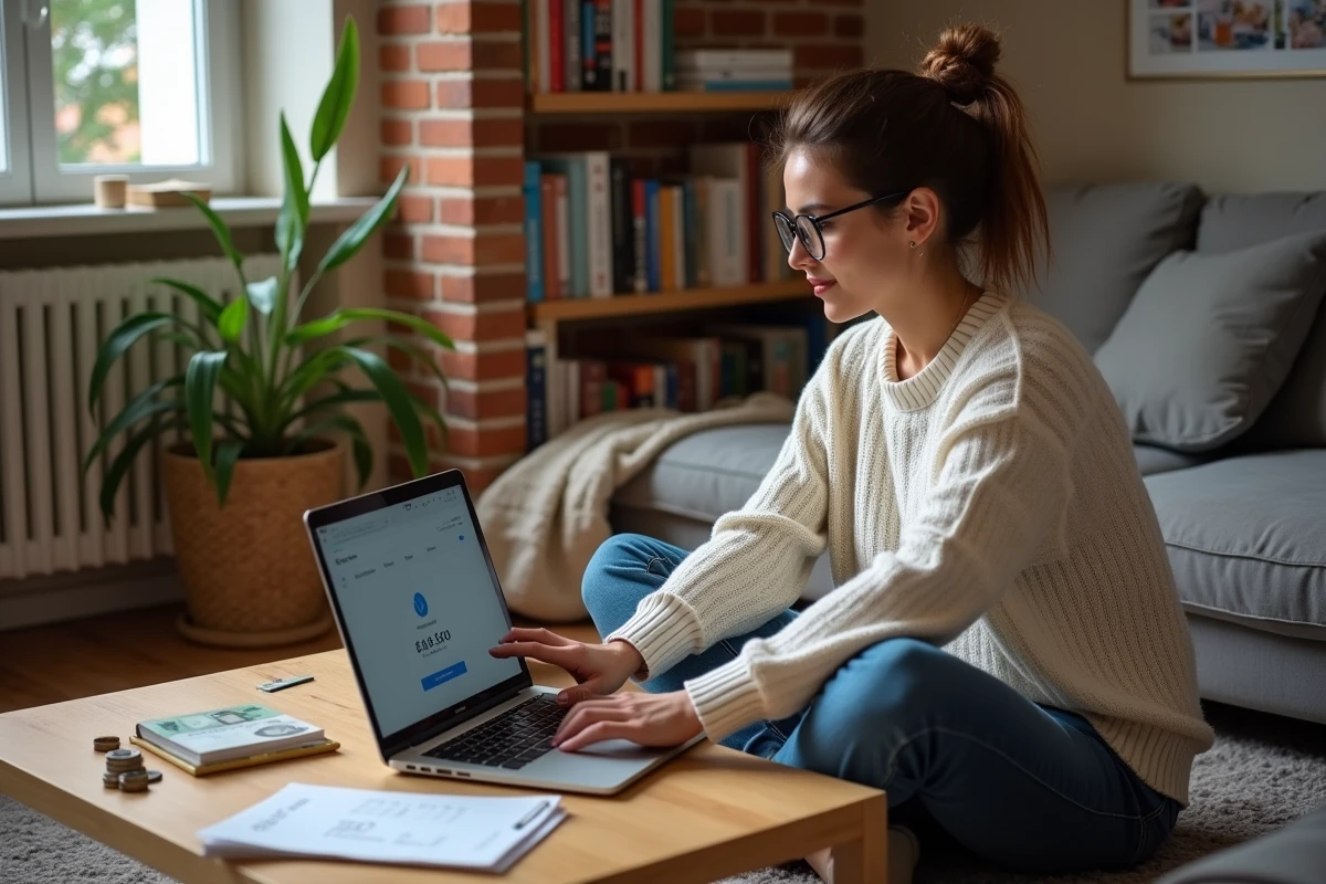 Jeune femme consultant un site d'apprentissage bricolage en ligne depuis son salon avec un budget limité, carnet de notes et euros visibles