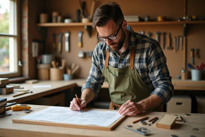 Homme adulte dans un atelier de bricolage maison étudiant un plan DIY avec un petit budget, outils et pièces de monnaie sur l'établi