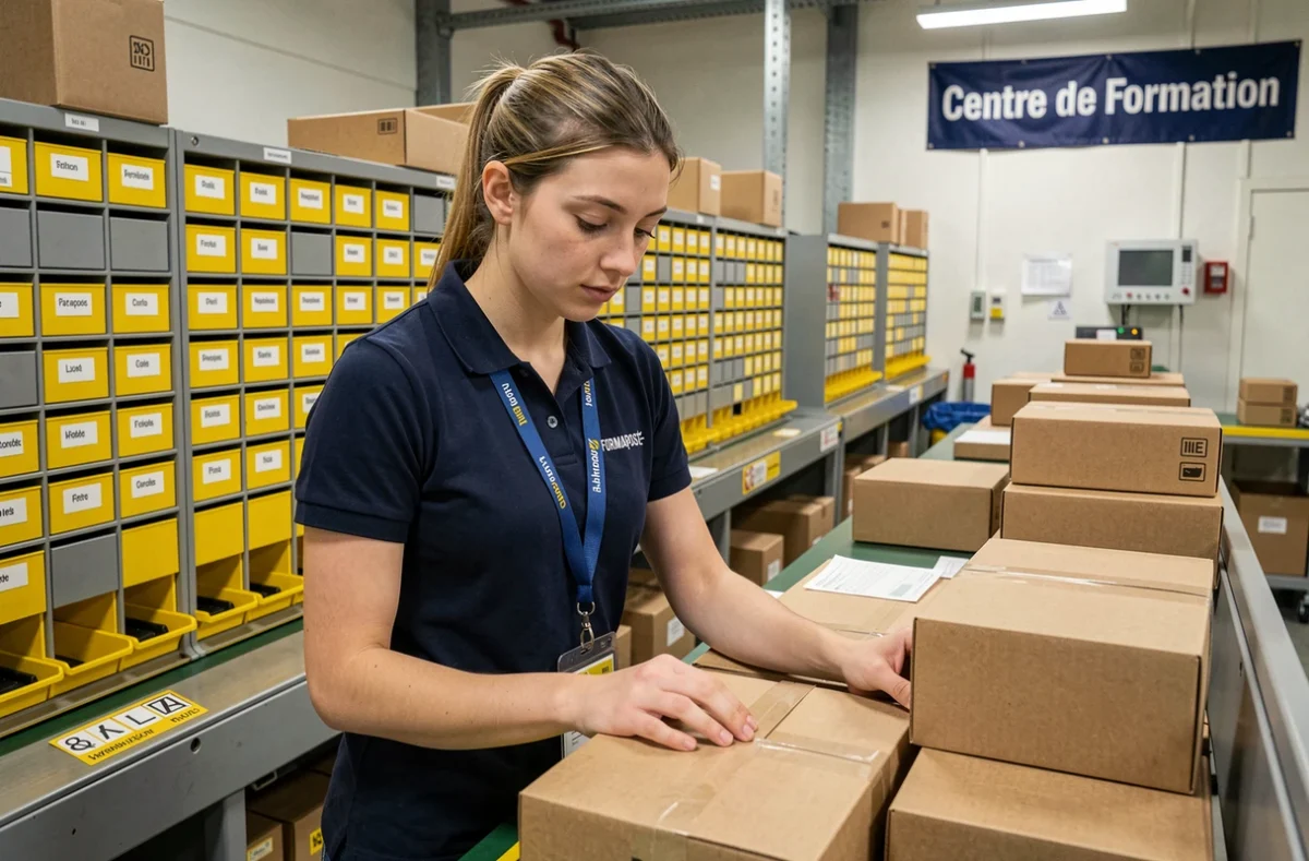 Apprentie en polo Formaposte triant des colis dans un centre de formation logistique postale dans les Hauts-de-France