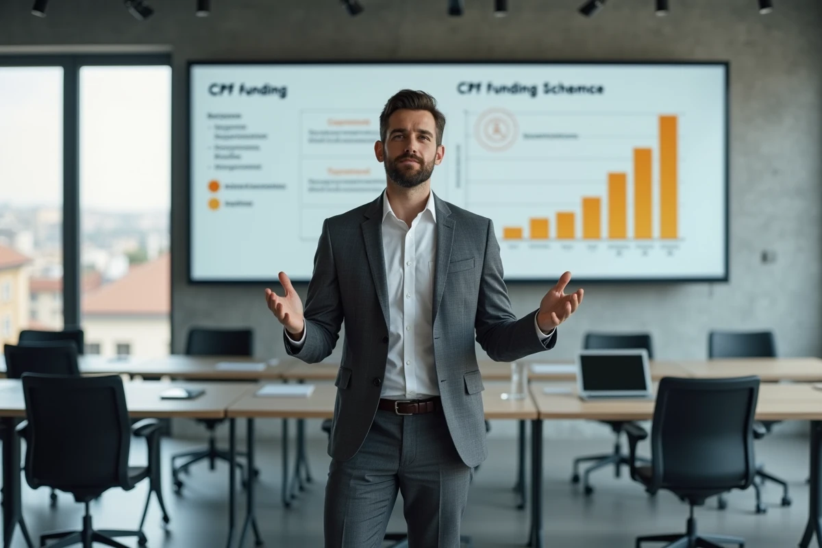 Formateur présentant les dispositifs de financement CPF lors d'une conférence de formation digitale pour salariés à Paris