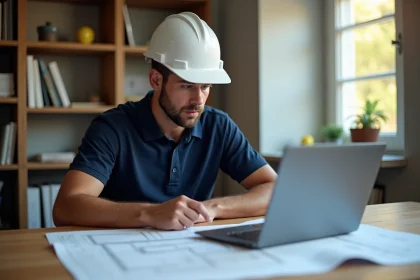 Homme en tenue de chantier étudiant des plans de construction sur un bureau avec un ordinateur portable affichant une formation en ligne