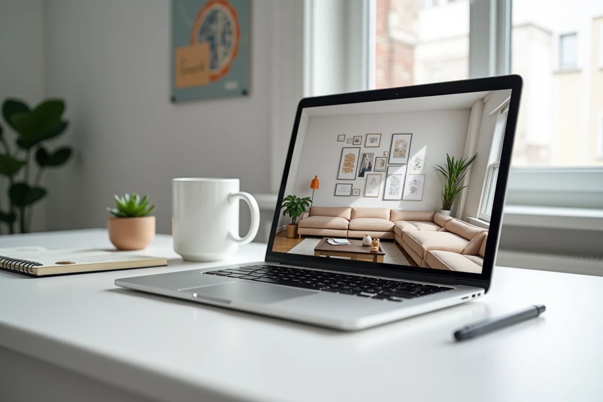 Bureau minimaliste avec ordinateur portable affichant une formation en ligne de décoration d'intérieur et notes manuscrites