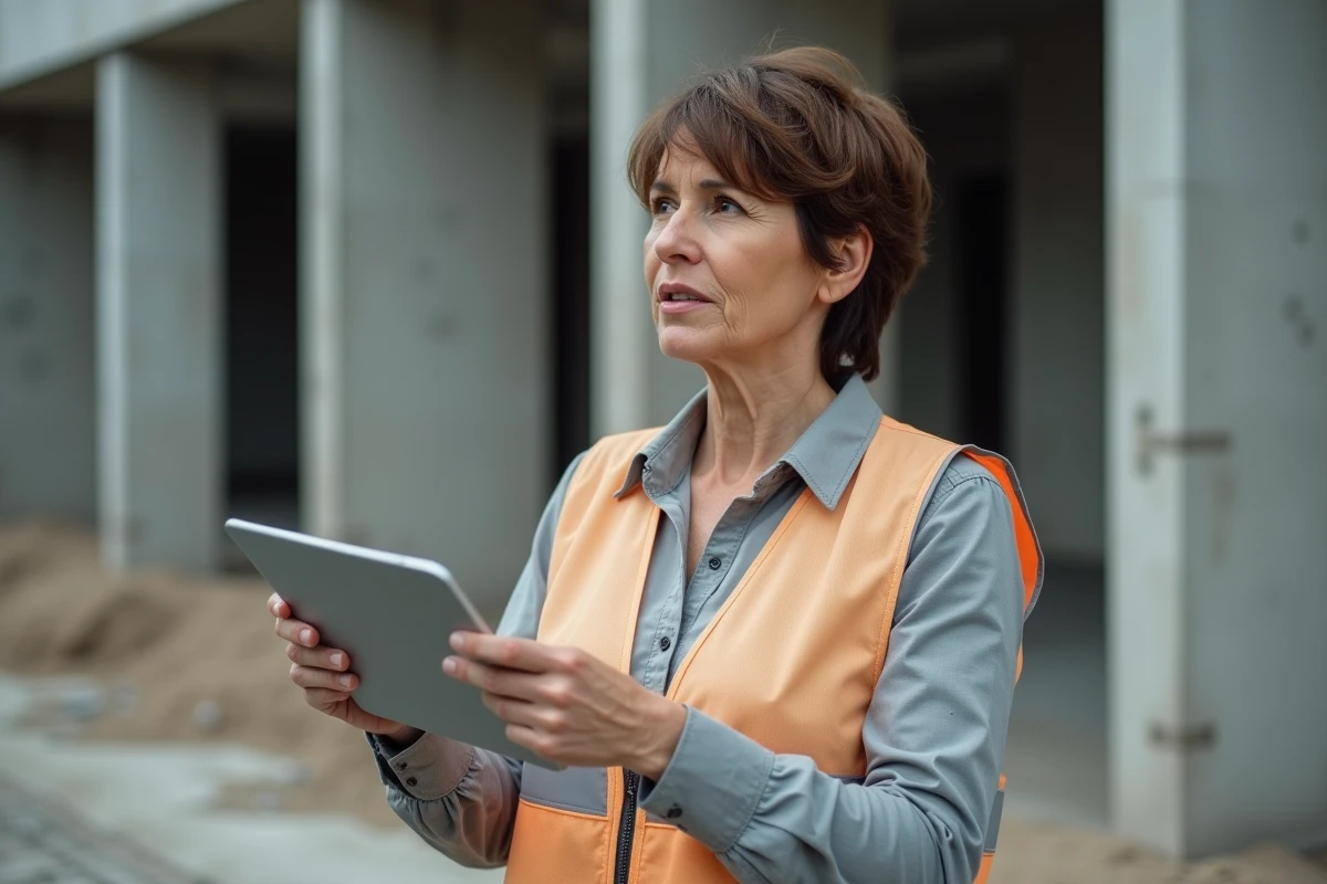 Femme sur un chantier de construction consultant une formation professionnelle sur tablette numérique