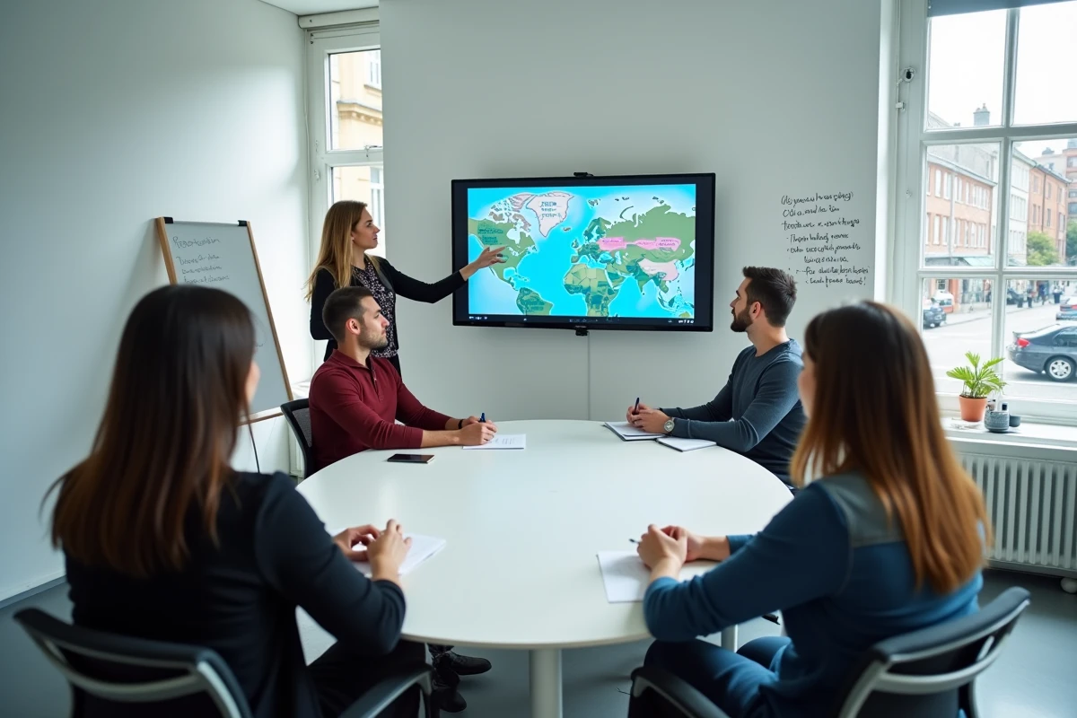 Groupe de stagiaires en formation tourisme suivant un cours sur les destinations avec un formateur
