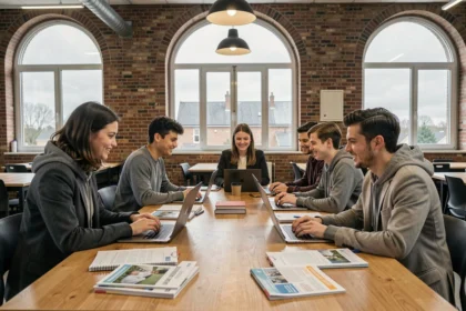 Groupe d'étudiants en alternance collaborant autour d'une table dans un espace universitaire moderne des Hauts-de-France