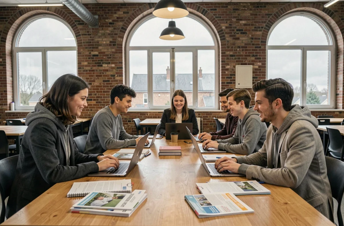 Groupe d'étudiants en alternance collaborant autour d'une table dans un espace universitaire moderne des Hauts-de-France