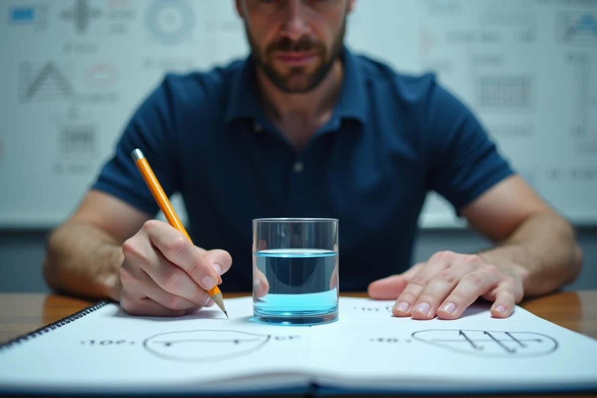 Ingénieur calculant le volume d'un cylindre en litres avec une formule mathématique écrite dans un carnet technique