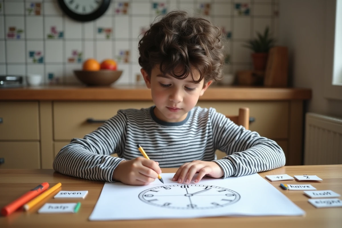 Garçon dessinant des cadrans d'horloge pour mémoriser les heures AM en anglais à la maison