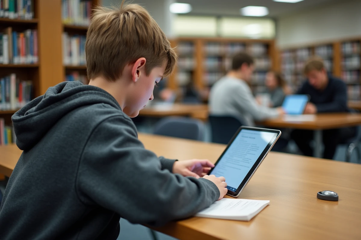 Adolescent étudiant ses notes sur une tablette à la bibliothèque