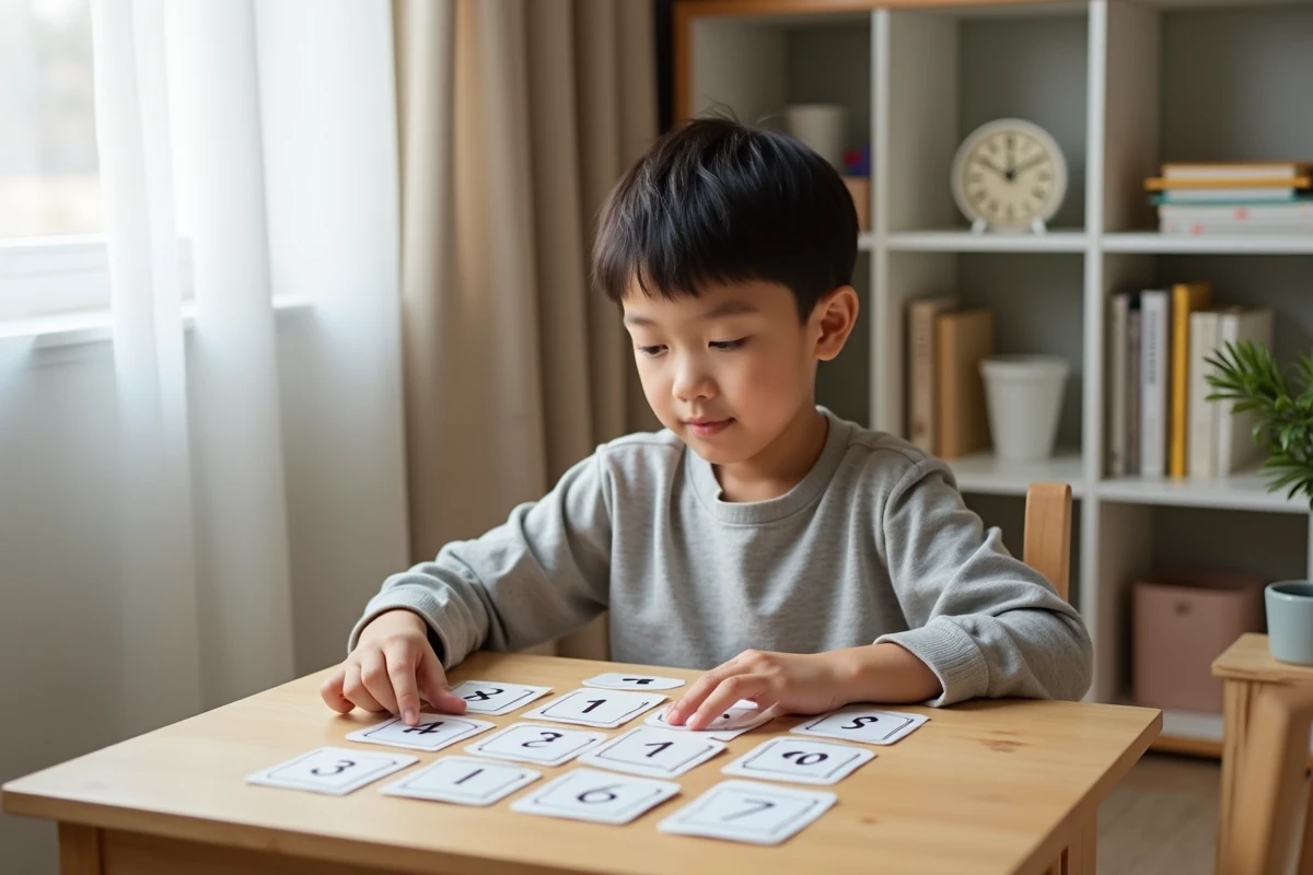 Garçon utilisant un tableau de multiplication Montessori à la maison pour mémoriser les tables de multiplication de façon durable