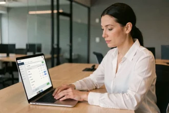 Responsable administrative consultant un tableau de bord de facturation en ligne sur son ordinateur portable dans un bureau moderne
