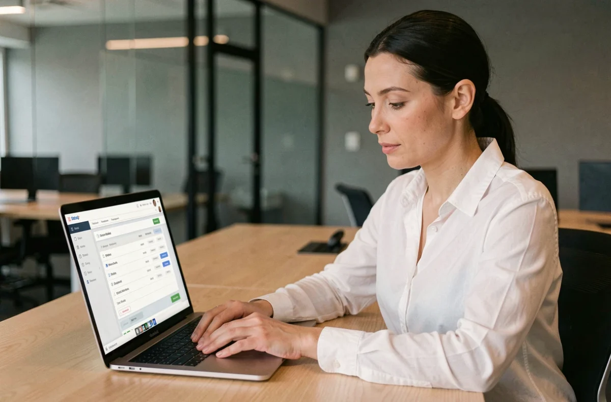 Responsable administrative consultant un tableau de bord de facturation en ligne sur son ordinateur portable dans un bureau moderne