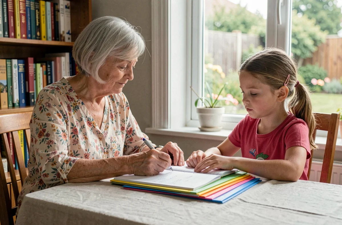 Une grand-mère aide sa petite-fille à organiser son agenda scolaire et ses cahiers, symbolisant l'implication familiale dans la scolarité