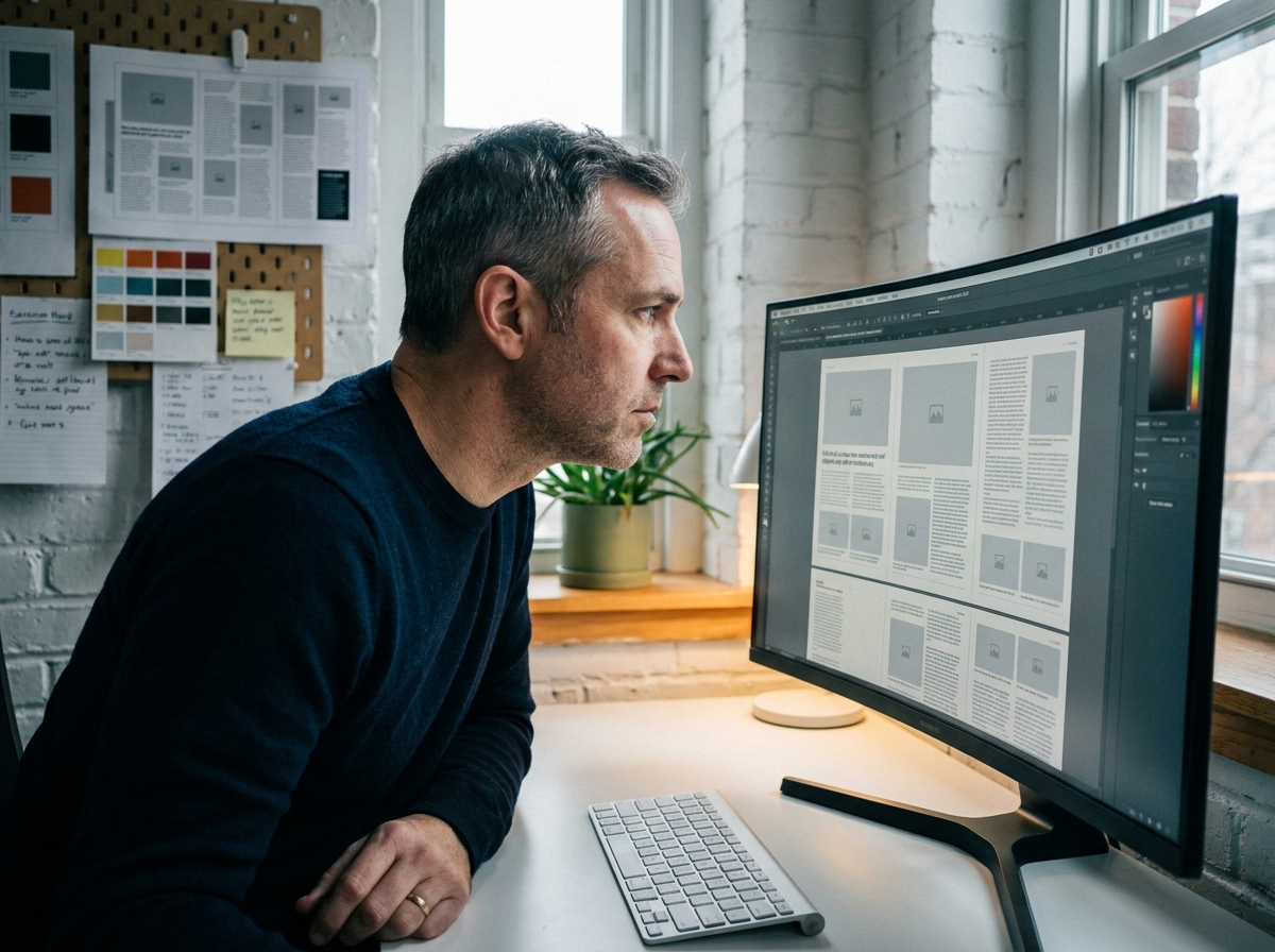 Graphiste masculin concentré sur la mise en page éditoriale d'un magazine affiché sur grand écran dans un bureau épuré
