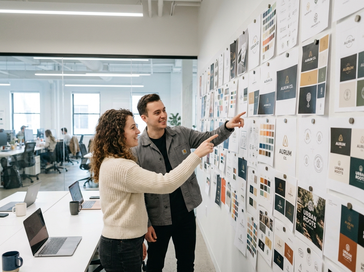 Deux graphistes collaborant autour d'un mur de présentation couvert d'explorations d'identité de marque et de logos dans une agence créative