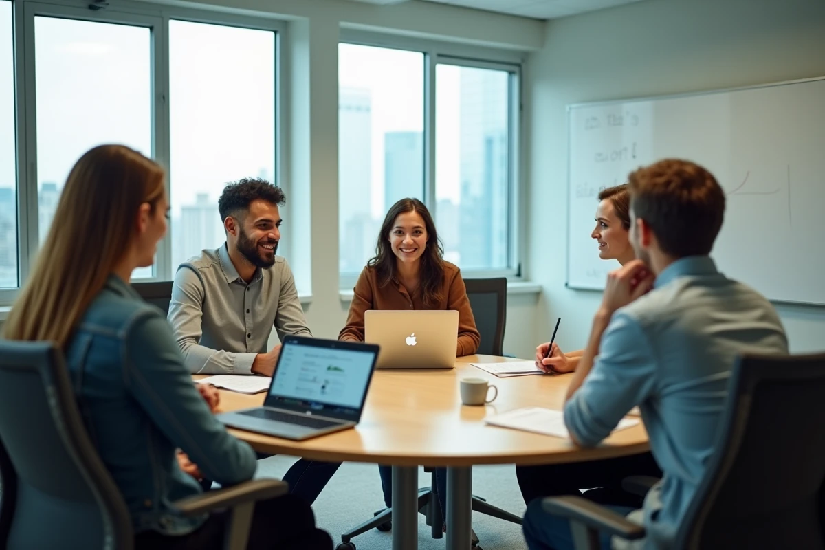 Groupe de professionnels en formation dans une salle de classe moderne, débat sur le retour sur investissement d'une formation diplômante en ligne