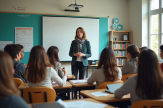 Groupe d'adolescents en classe avec une enseignante charismatique