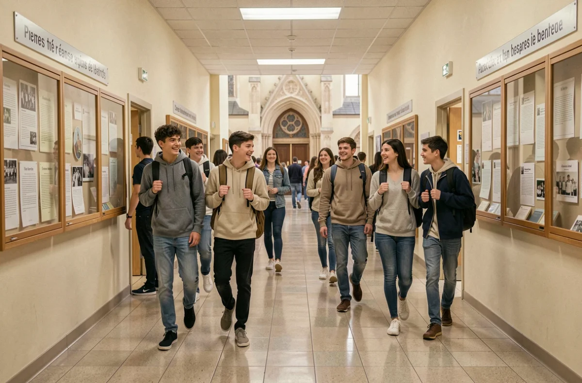 Étudiants dans les couloirs du Groupe de la Salle Reims, établissement d'enseignement catholique