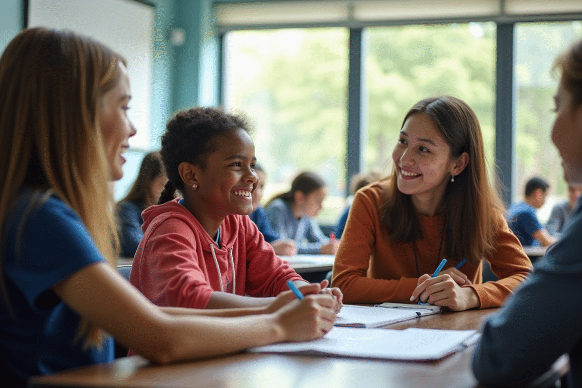 Groupe d'élèves au lycée en classe lumineuse