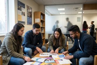 Groupe d'étudiants dans un bureau universitaire accueillant