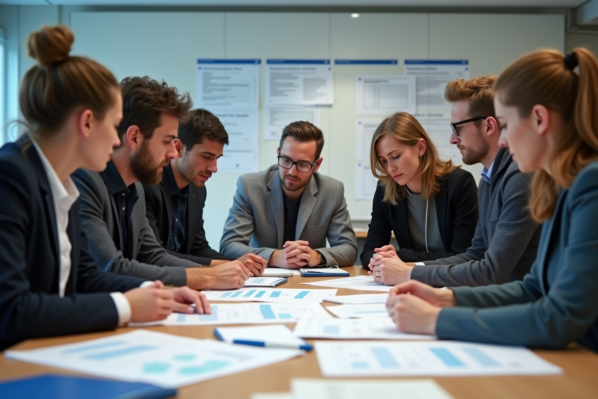 Groupe d adultes discutant autour de documents de certification