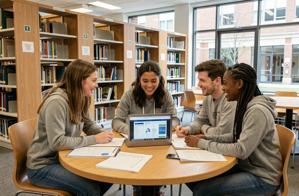 Groupe d'étudiants ingénieurs discutant des options de mobilité et de double diplôme proposées par LISE ENSAM dans une bibliothèque universitaire
