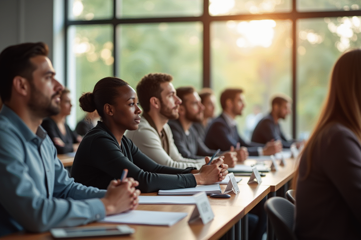 Groupe d'adultes en formation scolaire attentive