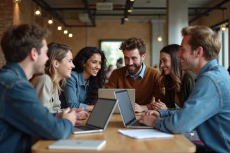 Jeunes adultes en brainstorming dans un espace coworking parisien