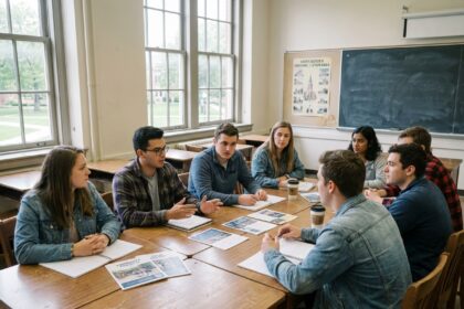 Groupe de jeunes adultes en discussion en classe
