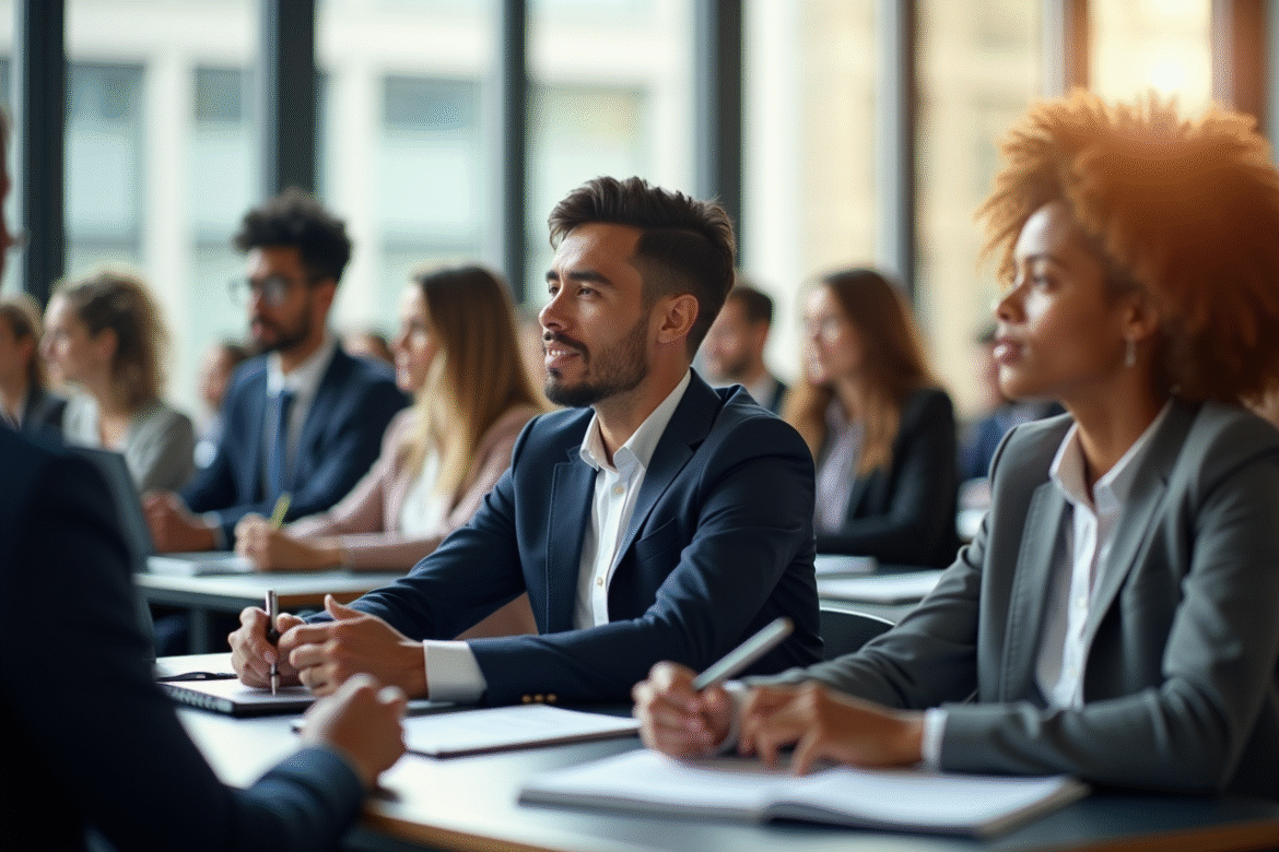 Groupe de jeunes professionnels en atelier financier dans une salle lumineuse