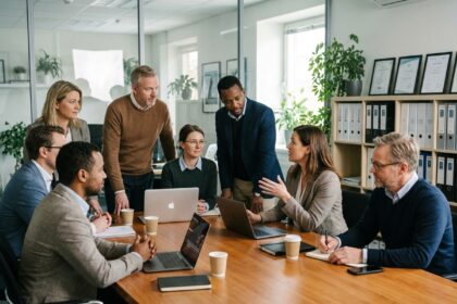 Groupe de professionnels en réunion dans un bureau moderne
