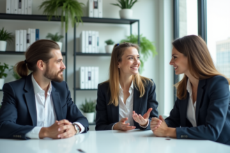 Trois professionnels en réunion dans un bureau lumineux