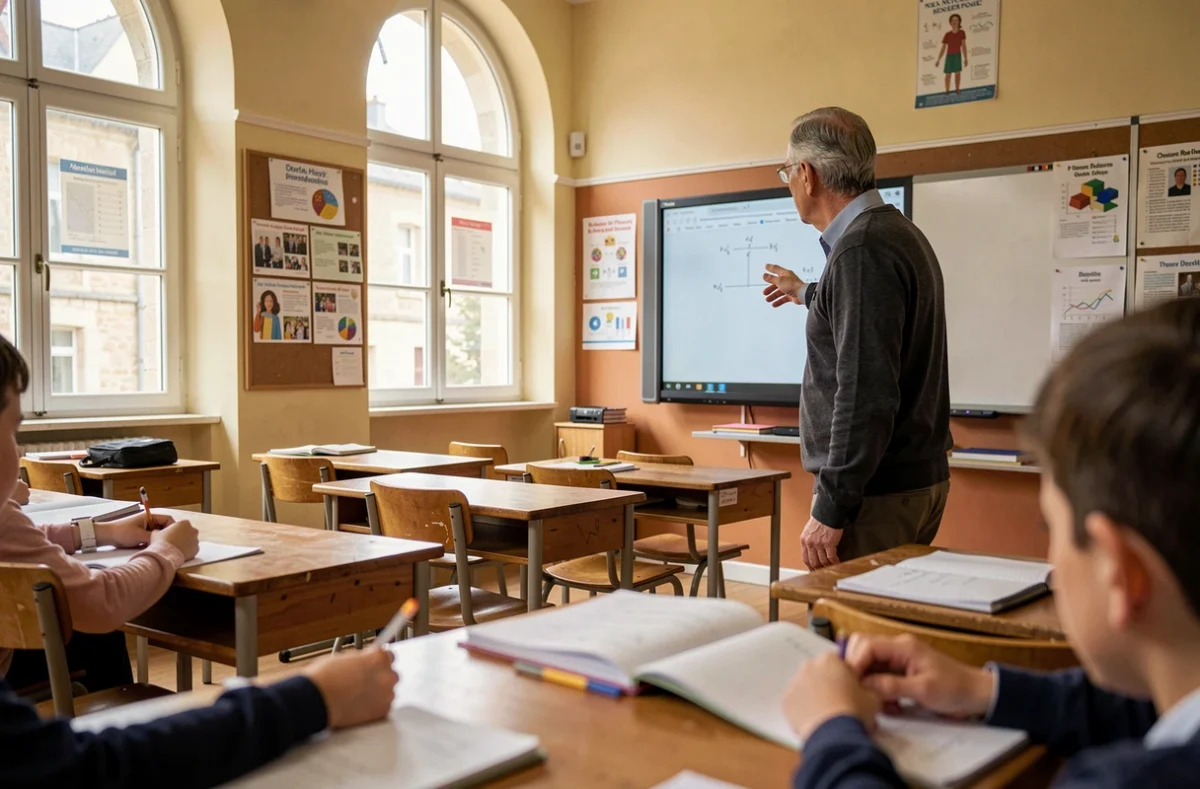 Enseignant au tableau interactif dans une classe du Groupe Saint-Michel Reims