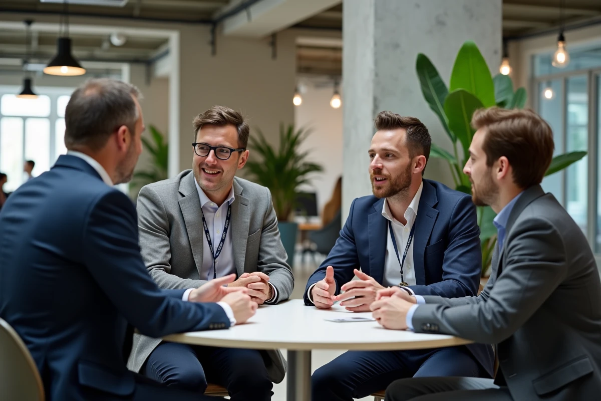 Groupe de salariés en discussion pendant une pause lors d'une conférence de formation digitale à Paris